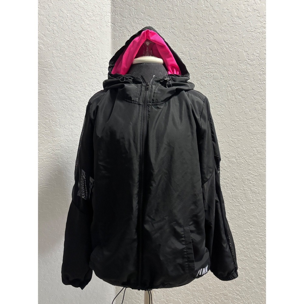 Victoria's Secret PINK Black Windbreaker Jacket Neon Pink Mesh Hood Women Medium
